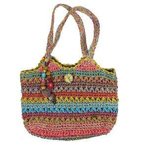 Vintage Cappelli Straworld Multicolor Woven Raffia Tote Bag Braided Bead Accents